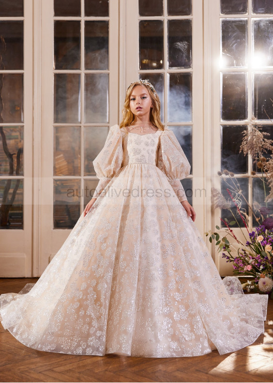Long Sleeves Beaded Champagne Lace Tulle Flower Girl Dress Long Sleeves Beaded Champagne Lace Tulle Flower Girl Dress
